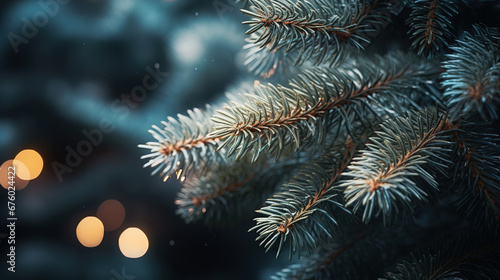 Christmas fir tree branches with bokeh background. Christmas decorations background. Winter holidays wallpaper
