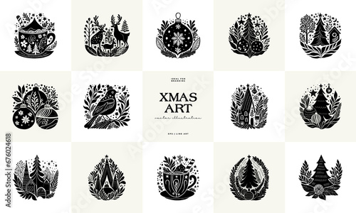 Merry Christmas and Happy New Year illustration, for greeting cards, posters, holiday covers. Xmas festive linocut black hand drawn.