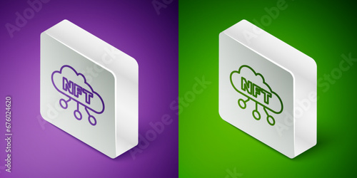 Isometric line NFT cloud icon isolated on purple and green background. Non fungible token. Digital crypto art concept. Silver square button. Vector