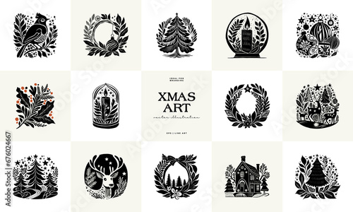 Merry Christmas and Happy New Year illustration, for greeting cards, posters, holiday covers. Xmas festive linocut black hand drawn.