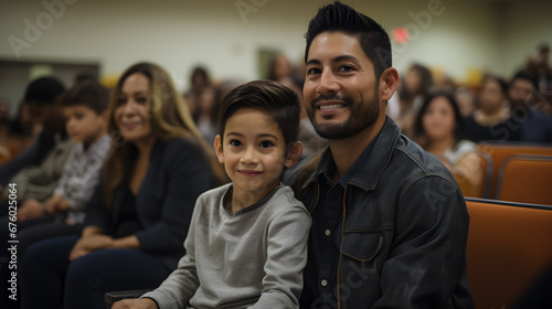 Padre e hijo latinos en el consejo escolar  sonrientes y en union familiar  photo