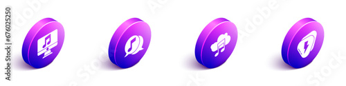 Set Isometric Computer with music note, Musical note in speech bubble, Music streaming service and Guitar pick icon. Vector
