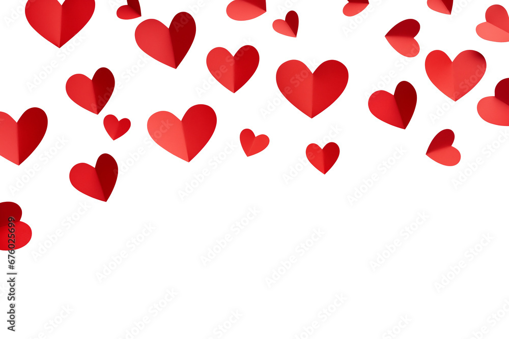 Valentine's day background with red and pink hearts like balloons on white background, flat lay, clipping path.