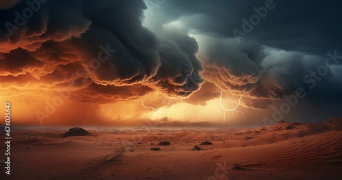 Sands of Turmoil - Dramatic sand storm in desert, thunderstorm, lightning. Generative AI