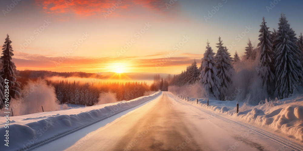 Winter landscape with road and snow-covered trees, generative ai Winter landscape with road and snow-covered trees, generative ai