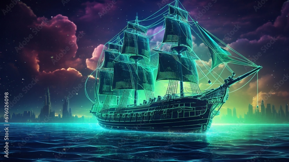 AI Generated Neon Pirate Ship Sailing The Digital Ocean Stock ...