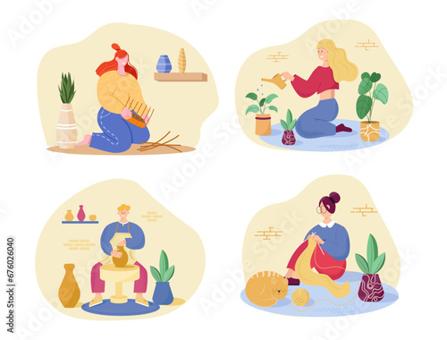 Occupation set.  florist, knitting, weaving  and sculptor, Collection of hobby and modern profession. Isolated vector illustration