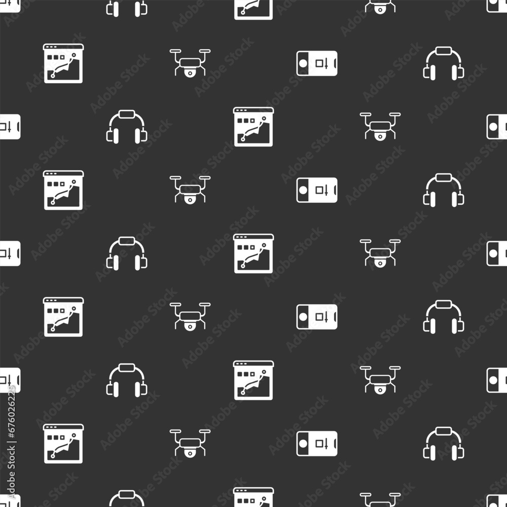 Set Photo and video shooting, Headphones, Histogram graph photography and Drone flying on seamless pattern. Vector Set Photo and video shooting, Headphones, Histogram graph photography and Drone flying on seamless pattern. Vector
