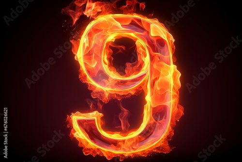 Magical Neon Dreams: 3D Render of Number nine with Linear Neon Outlined '9' and a Burst of Colorful Cloud in a Fantasyscape of Fire and Light