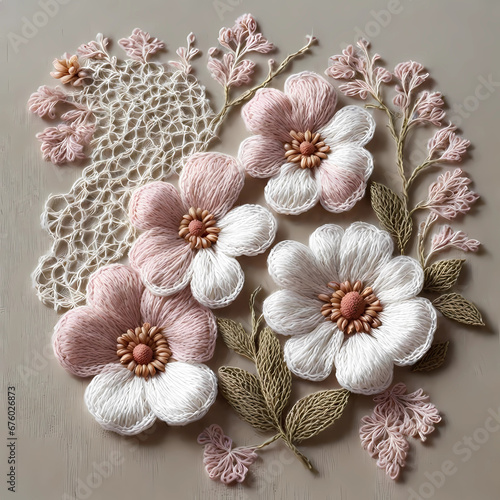 embroidered pink and white flowers