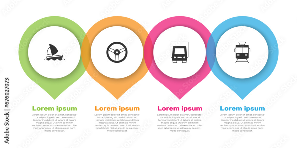 Set Yacht sailboat, Steering wheel, Delivery cargo truck and Tram and railway. Business infographic template. Vector Set Yacht sailboat, Steering wheel, Delivery cargo truck and Tram and railway. Business infographic template. Vector