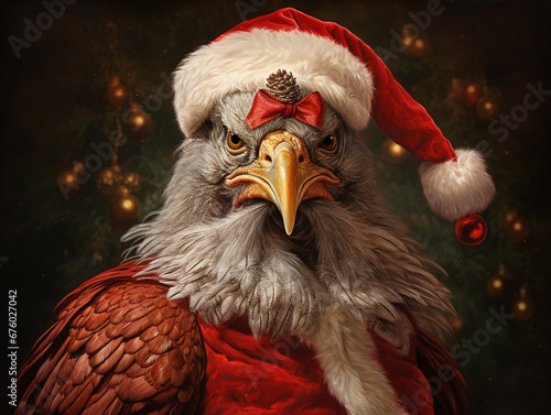 An Oil Painting Portrait of a Turkey Dressed Like Santa Claus in a Christmas Setting photo