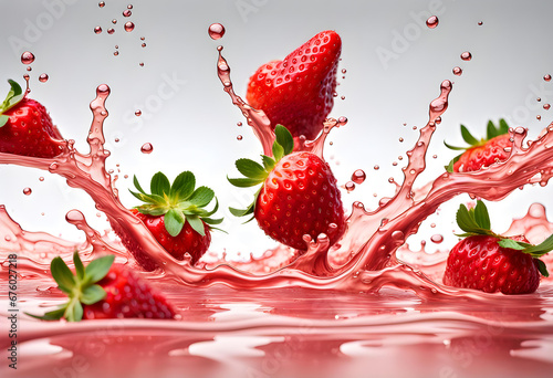 A full background of strawberry fruit floating and flying on juice pulp splashes