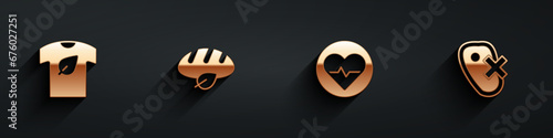 Set Vegan shirt, bread loaf, Heart rate and No meat icon with long shadow. Vector