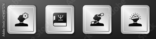 Set Solution problem in psychology, Psychology book, Sedative pills and Concussion, headache icon. Silver square button. Vector