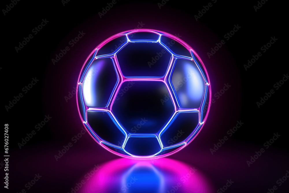 Luminous Football Reverie: The Brilliance of a Neon Football, Outlined Leather, and a Colorful Cloud Illuminated in Neon Pink and Blue Form an Alluring Dreamscape Against a Cloudy, Transparent Backdro