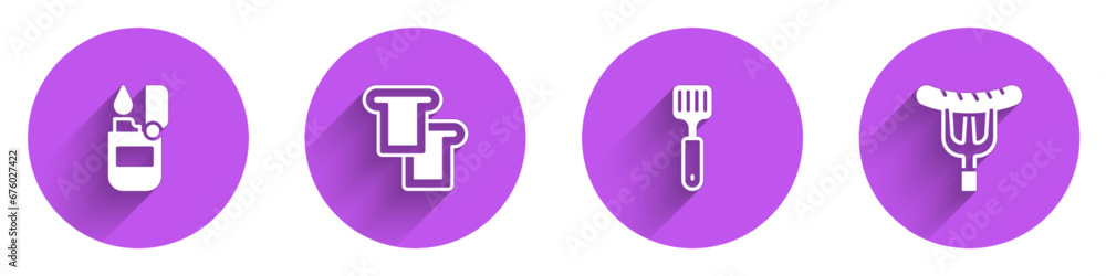 Set Lighter, Bread toast, Spatula and Sausage on the fork icon with long shadow. Vector Set Lighter, Bread toast, Spatula and Sausage on the fork icon with long shadow. Vector