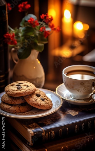 A cup of coffee, cookies and books on a wooden table.
