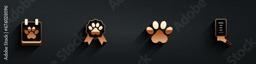 Set Calendar grooming, Pet award symbol, Paw print and Drinker for small pets icon with long shadow. Vector