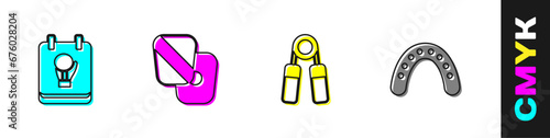 Set Boxing glove, training paws, Sport expander and Mouth guard boxer icon. Vector