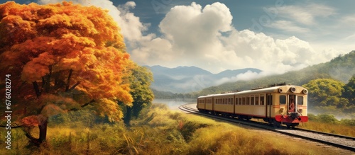 In Thailand a vintage train winds its way through the stunning autumn landscape as a retro truck makes a delivery along a scenic road blending nature and technology with the bustling busines