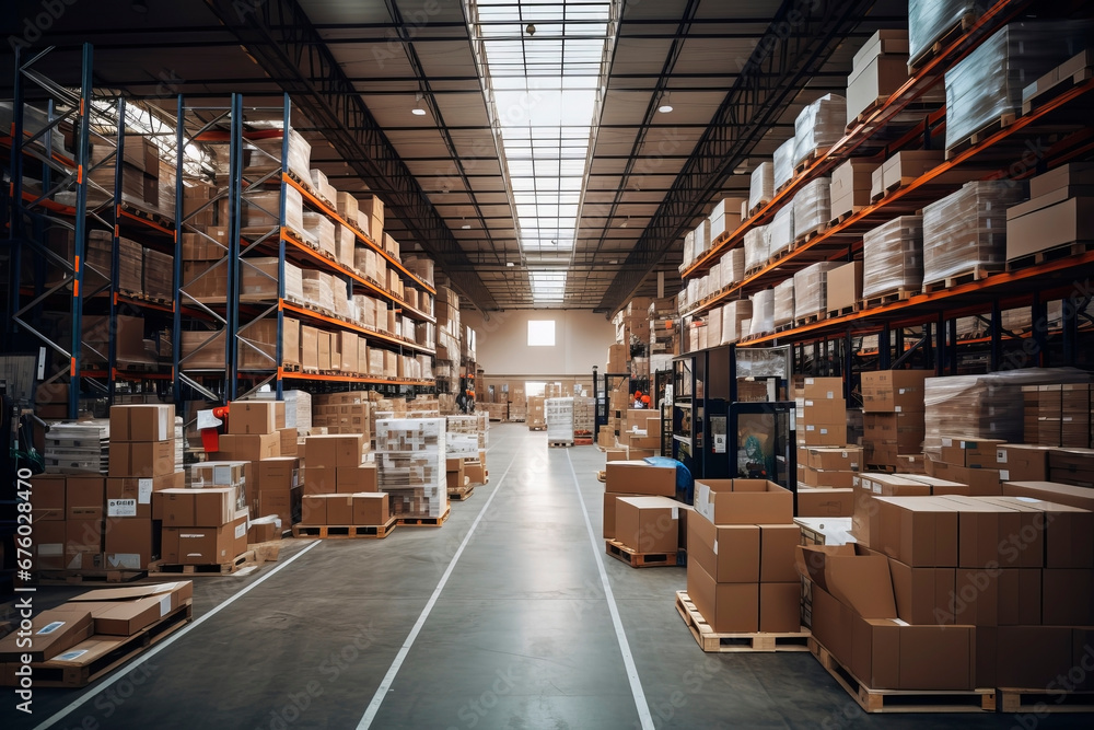 Boxes, parcels on racks in a warehouse. Generative AI Boxes, parcels on racks in a warehouse. Generative AI