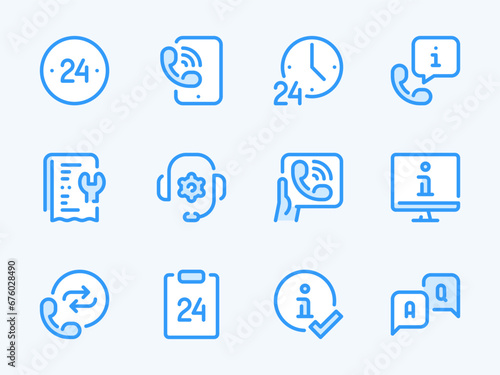 Customer Support Service and Helpline vector line icons. Phone Assistance and Consulting outline icon set. 24 Hours Support, Chat, Help, Information Report, Call Center, FAQ and more.
