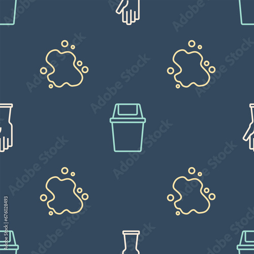 Set line Rubber gloves, Water spill and Trash can on seamless pattern. Vector