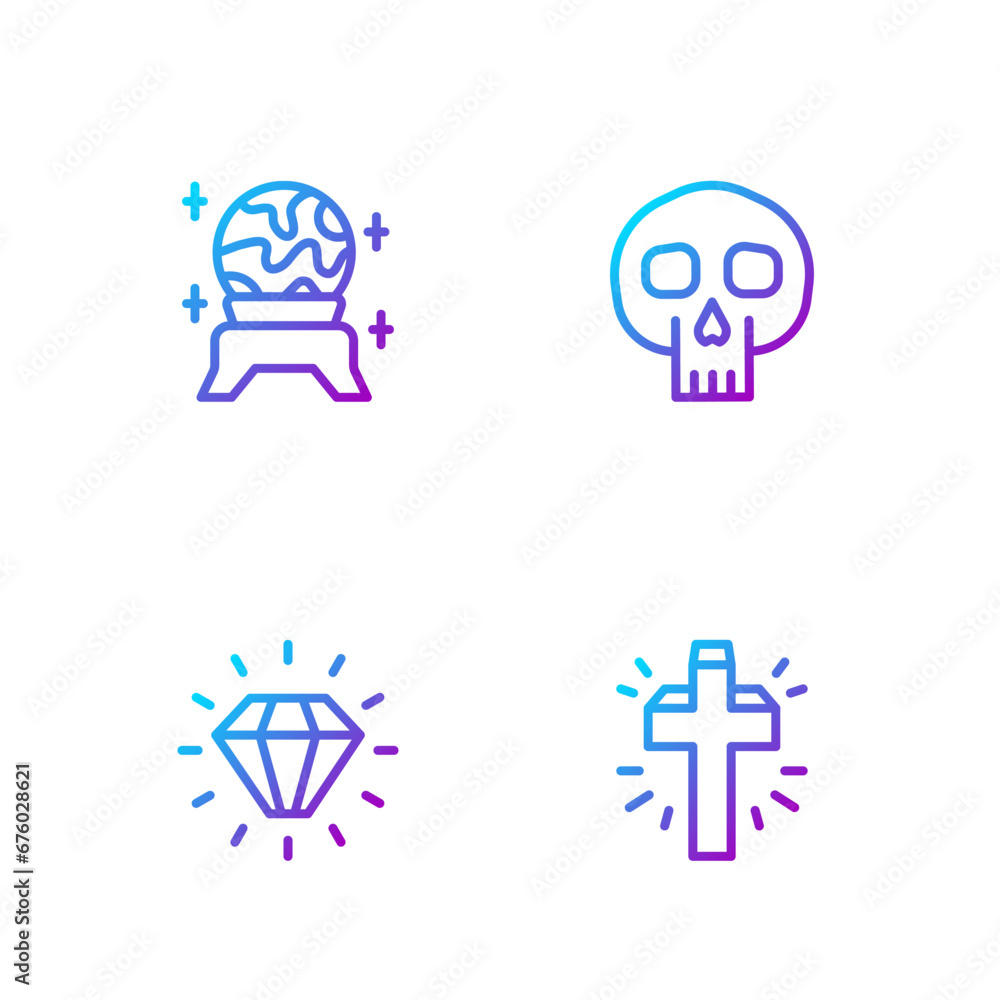 Set line Christian cross, Diamond, Magic ball and Skull. Gradient color icons. Vector Set line Christian cross, Diamond, Magic ball and Skull. Gradient color icons. Vector