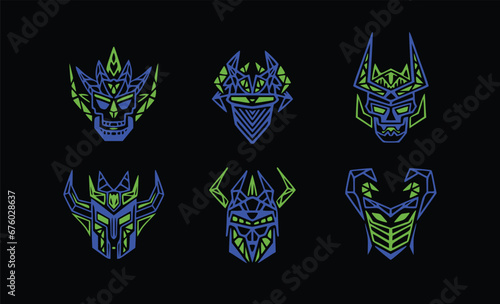 Vector drawing of devil knight helmets with horns. Icons of evil monsters in demonic masks.