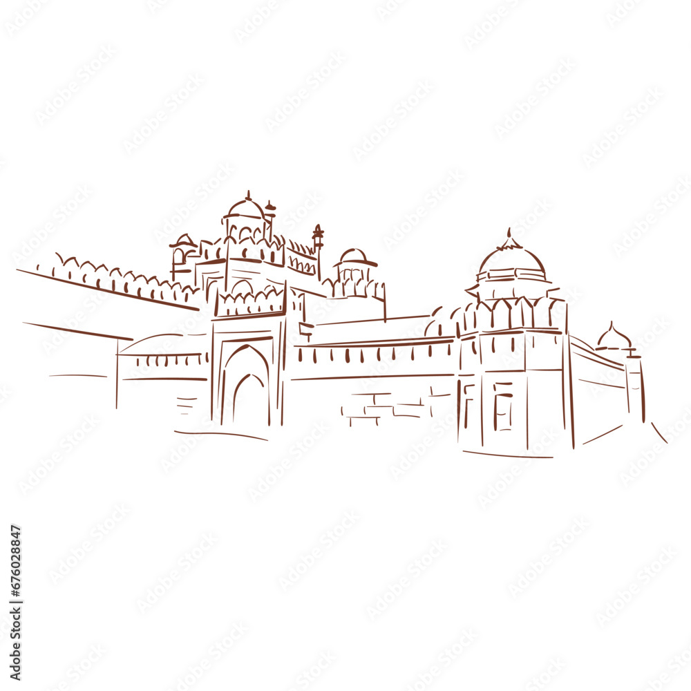 Red Fort or Lal Qila Old Delhi India vector sketch city illustration line art sketch simple