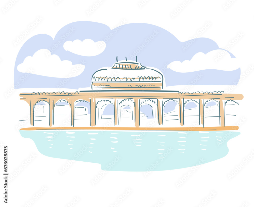 Taj Lake Palace Lake Pichola Udaipur India vector sketch city illustration line art sketch simple