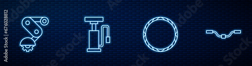 Set line Bicycle wheel, Derailleur bicycle rear, air pump and handlebar. Glowing neon icon on brick wall. Vector