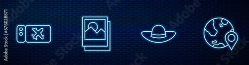 Set line Elegant women hat, Airline ticket, Photo and Location on the globe. Glowing neon icon on brick wall. Vector