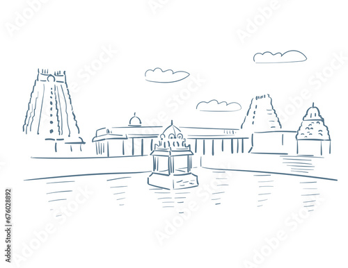 Ekambareswarar temple Hindu deity Shiva Kanchipuram in Tamil Nadu India religion institution vector sketch city illustration line art sketch simple