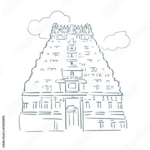 Ekambareswarar temple Hindu deity Shiva Kanchipuram in Tamil Nadu India religion institution vector sketch city illustration line art sketch simple
