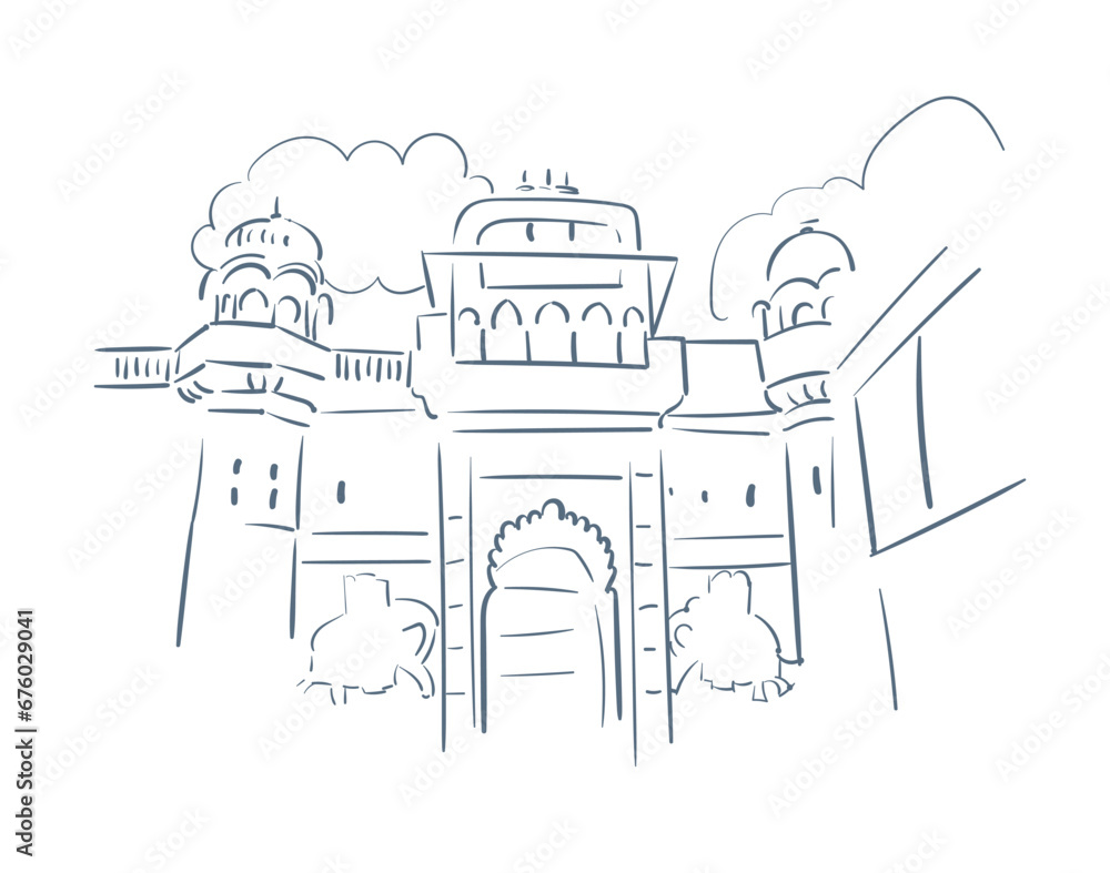 Shrinathji Temple Nathdwara Rajasthan India religion institution vector sketch city illustration line art sketch simple