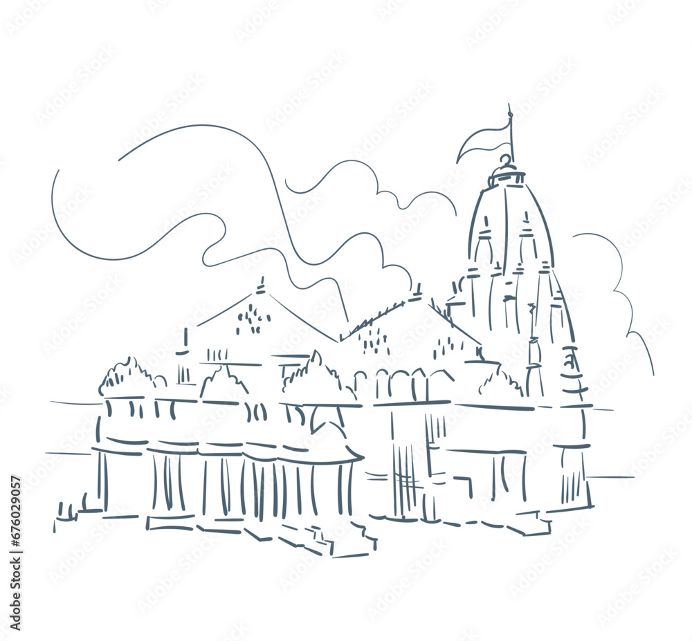 Somnath temple Prabhas Patan Veraval Gujarat India religion institution vector sketch city illustration line art sketch simple