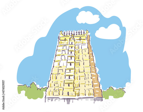 Arulmigu Ramanathaswamy Hindu temple Shiva Rameswaram Tamil Nadu India religion institution vector sketch city illustration line art sketch simple