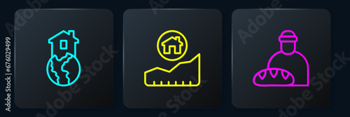 Set line Shelter for homeless, Feeding the and Rising cost of housing. Black square button. Vector