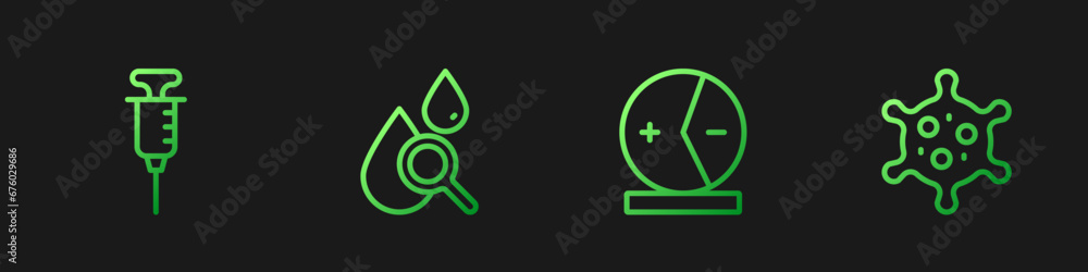 Set line Atom, Syringe, Drop and magnifying glass and Virus. Gradient color icons. Vector Set line Atom, Syringe, Drop and magnifying glass and Virus. Gradient color icons. Vector