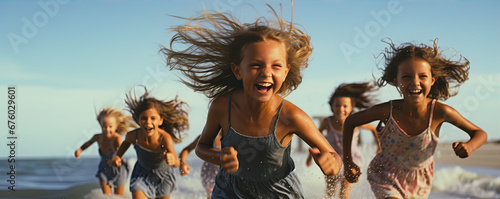 Happy young girls running through the sunny beach