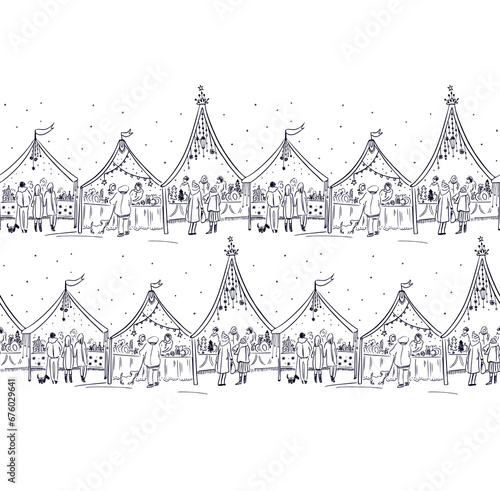 Christmas markets, golden contours, seamless pattern, on white background