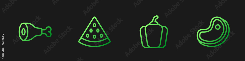Set line Bell pepper, Chicken leg, Watermelon and Steak meat. Gradient color icons. Vector