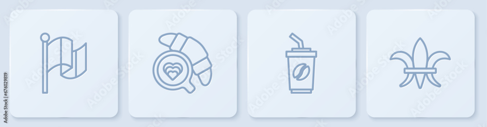 Set line Flag France, Coffee cup to go, with croissant and Fleur De Lys. White square button. Vector Set line Flag France, Coffee cup to go, with croissant and Fleur De Lys. White square button. Vector