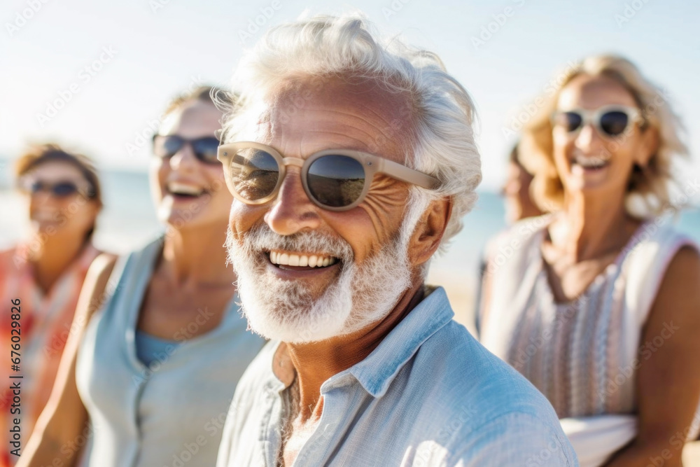 Group of Happy Senior Friends on Sandy Beach on Summer Vacation