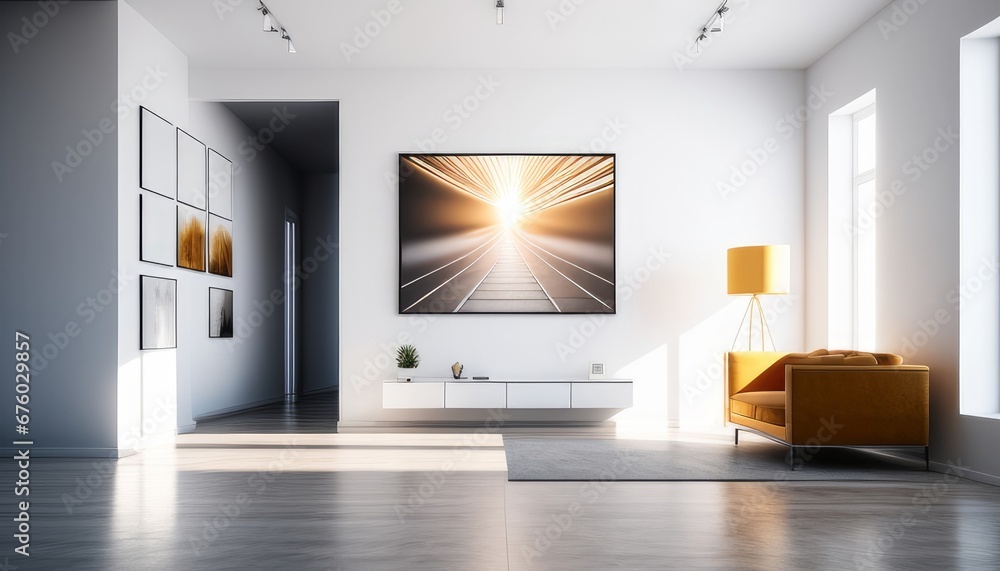 Modern living room interior with white walls, concrete floor, comfortable orange sofa and window with sunlight. 3d rendering Modern living room interior with white walls, concrete floor, comfortable orange sofa and window with sunlight. 3d rendering