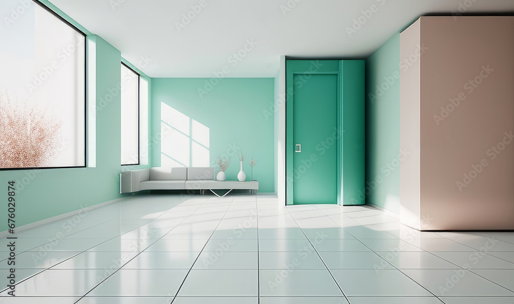 Interior of bright living room with green walls, tiled floor, white sofa and window. 3d rendering Interior of bright living room with green walls, tiled floor, white sofa and window. 3d rendering