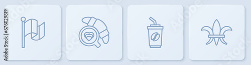 Set line Flag France, Coffee cup to go, with croissant and Fleur De Lys. White square button. Vector