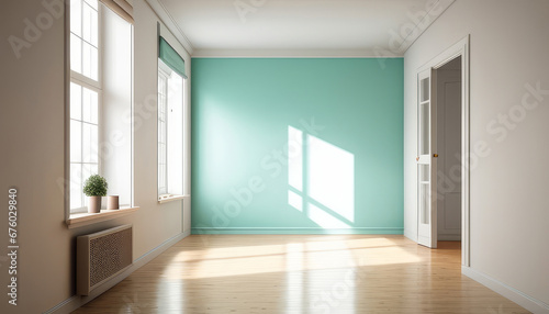 Empty room with green wall and window. 3D Rendering.